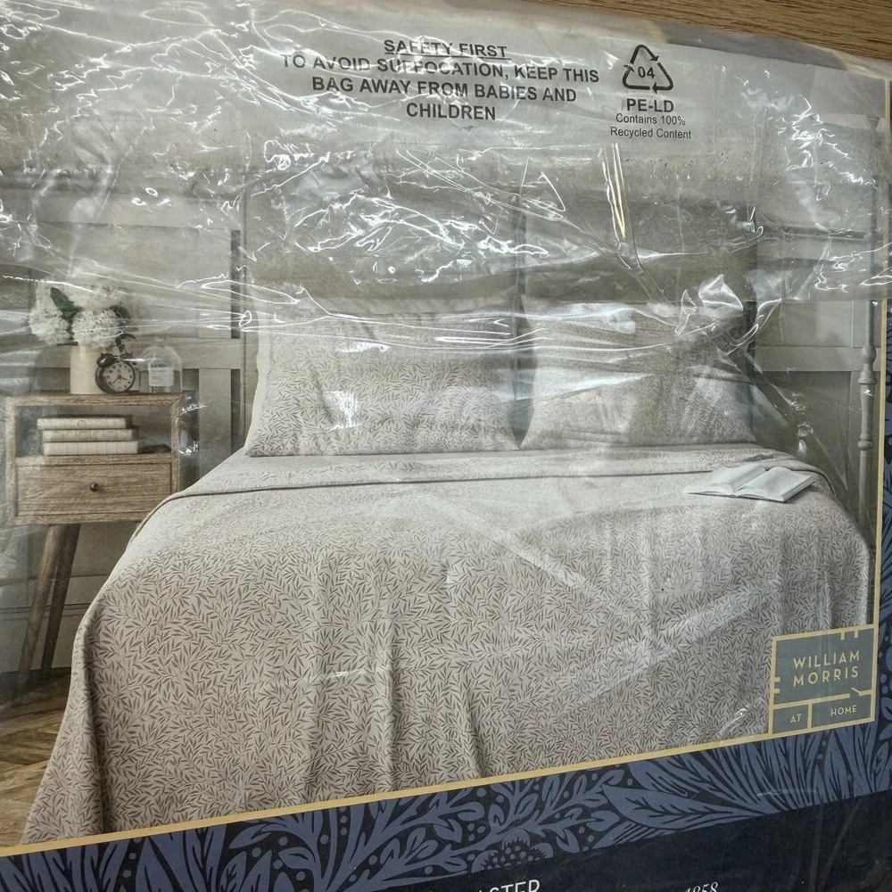 WILLIAM MORRIS KING Cotton Percale Sheet Set Leaf Plaster Tan Floral Cottage